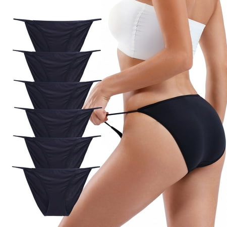 Buankoxy 6 Pack Women s Low-Rise String Bikini Panty Stretch Briefs(Black Size4)