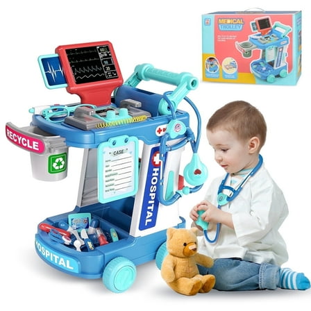 Hot Bee Doctor Trolley Cart for Kids 3 , Doctor Pretend Playset with Stethoscope for Toddlers, Role Play Christmas Gift Toys for Boys Girls 3 4 5 6(Blue)