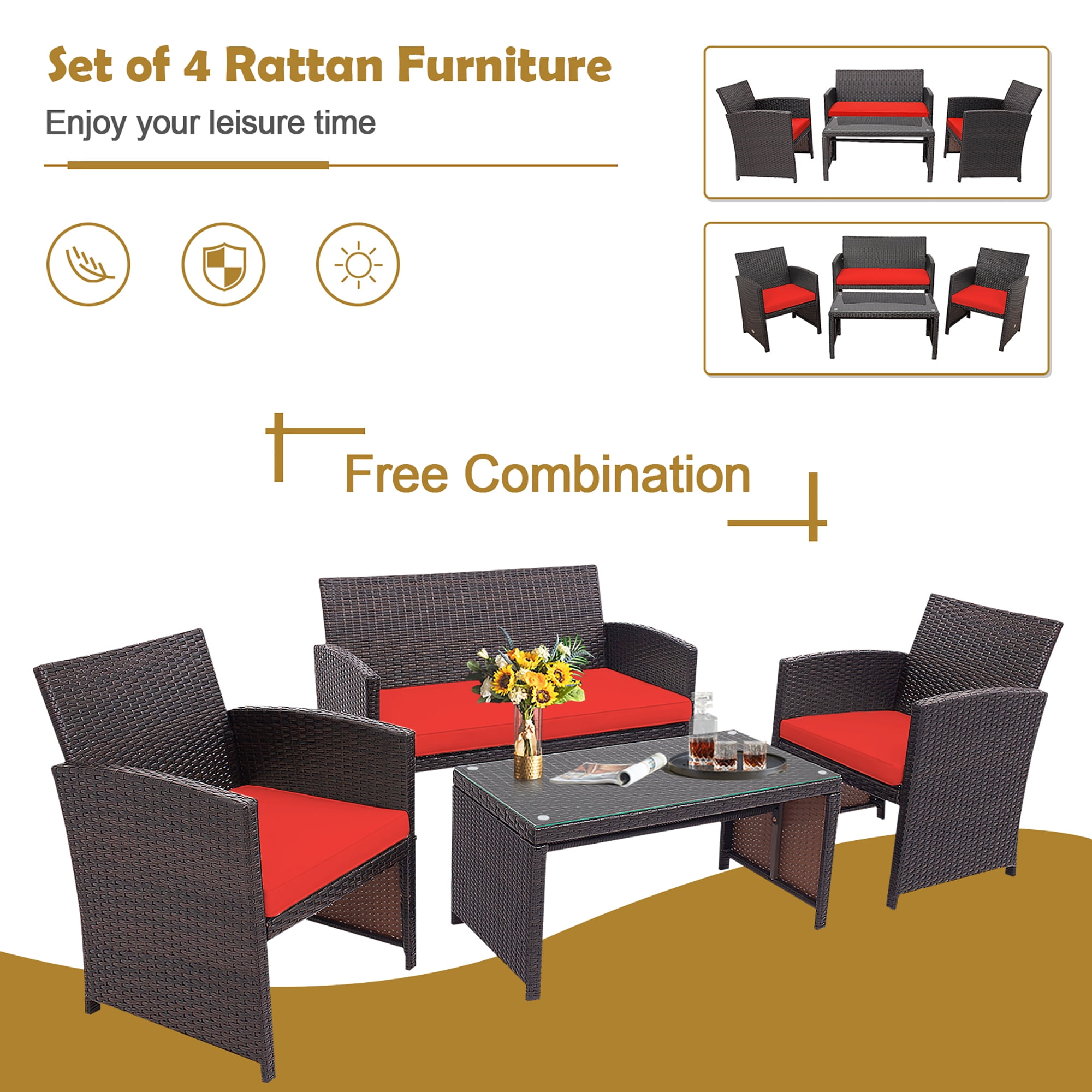 Costway 8PCS Patio Rattan Furniture Set Cushioned Chair Sofa Coffee Table Red