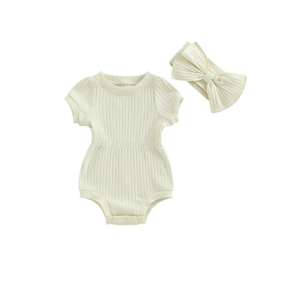 Conjunto de dos piezas para bebé niña: pelele de manga corta de color liso con diadema de lazo. Ropa de verano.