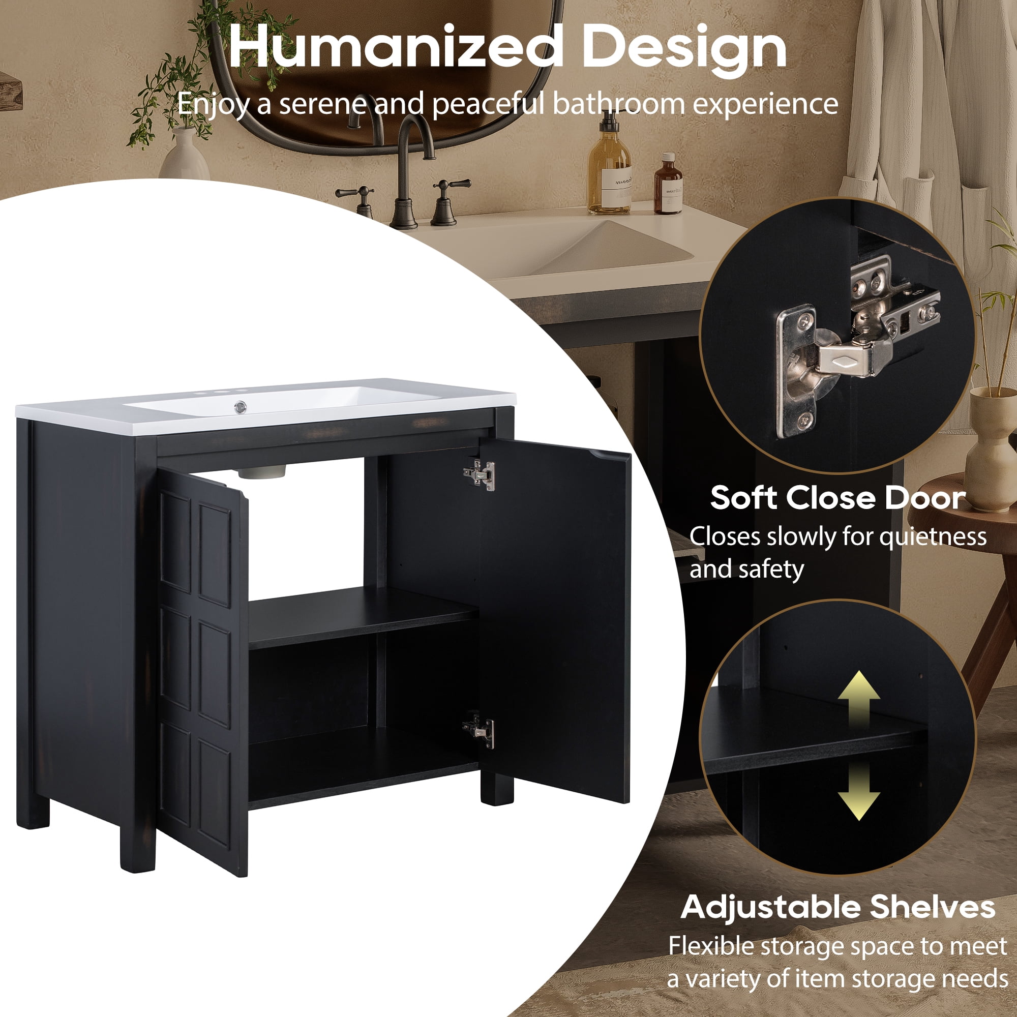 KYLE & KAY 36" Bathroom Vanity with Ceramic Sink, Bathroom Vanities Cabinet with Soft-Close Cabinet, Vanity Sink with Adjustable Shelves, Espresso
