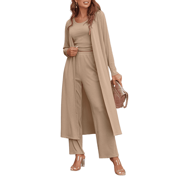Oudiya Women's 3 Piece Knit Lounge Set Pajama Long Sleeve Cardigan Sleeveless Top Pants Sweatsuit S-XXL
