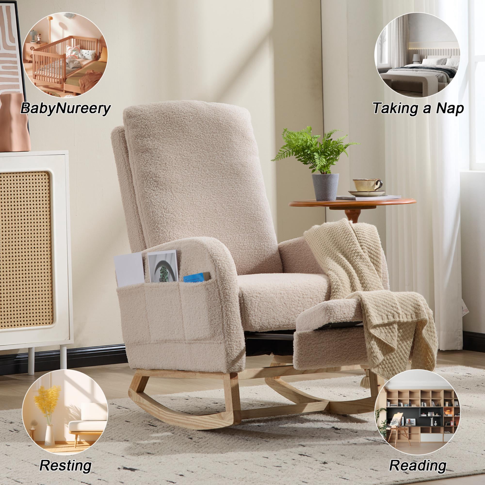 CARZZI LIFE Modern Nursery Rocking Chair, Teddy Upholstered Rocking Chair with Footrest, Comfortable Rocker Recliner with Side Pocket, Rocker Glider for Living Room, Bedroom, Nursing Room (Beige)