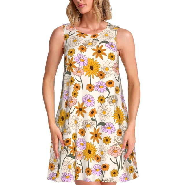 Easygdp Boho Flowers para Vestido Transpirable de Mujer, Vestido Suelto de Manga Corta con Pliegues y Bolsillos para el Verano