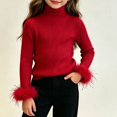 thumbnail image 2 of Afuyipoi Girls Feather Cuff Ribbed Turtleneck Pullover Sweater 100% Cotton for Kids Size 0-12Y Holiday Style Red Size 6, 2 of 2