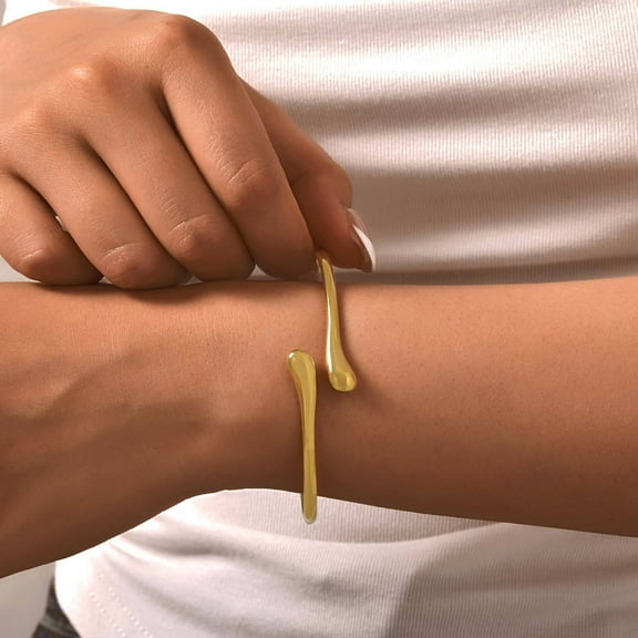 14K Yellow Gold Water Drop Open Bangle Bracelet for Women Minimalist Golden Color Dainty Wrist Cuff Bracelet Fashion Jewelry Gift