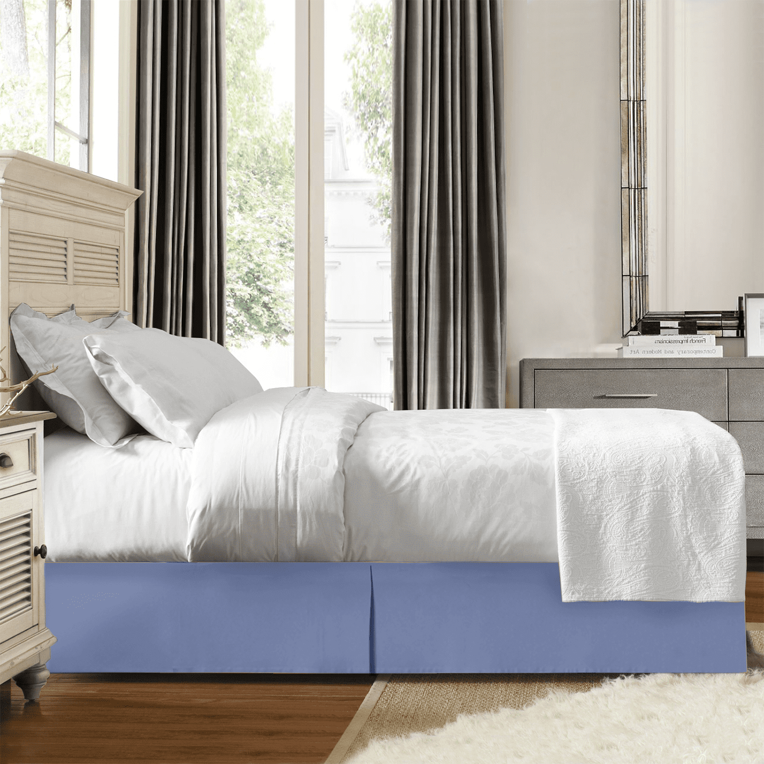 14" Tailored Pleated Bed Skirt Dust Ruffle, Cal King, Steel Blue, by Clara Clark