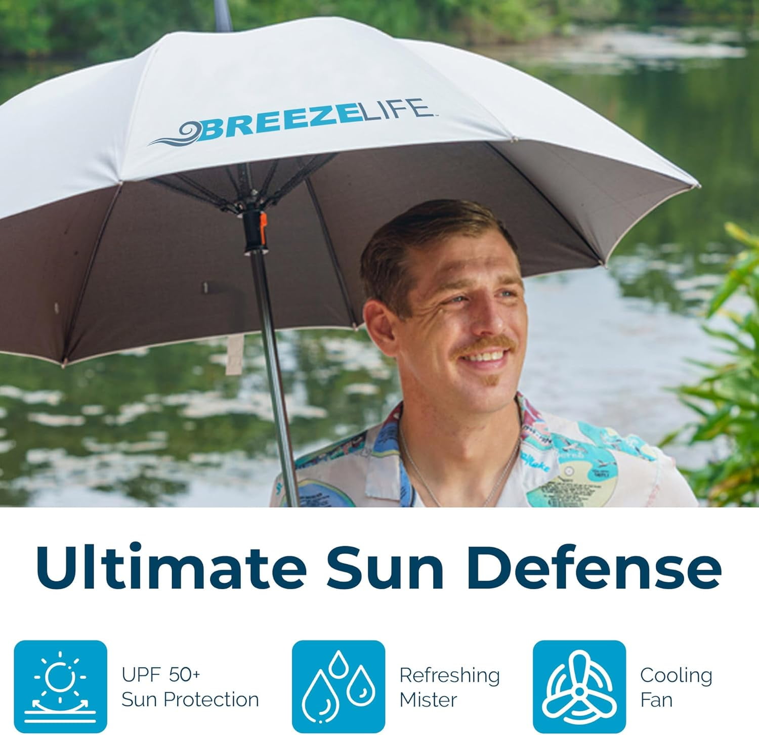 BREEZE LIFE Golf Umbrella with Fan and Mister. Portable misting and shade that blocks 99.9% of UVA and UVB rays UV sun protection and cooling at festivals, beach, and sporting events. (American Flag)