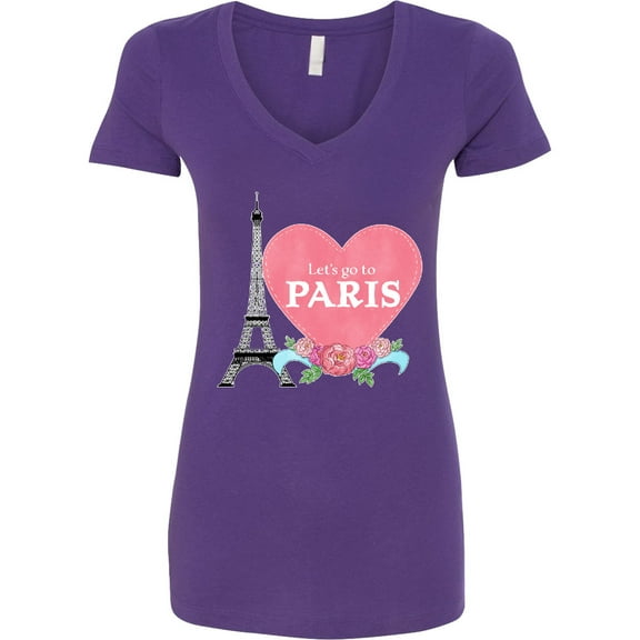 Inktastic Let's Go to Paris with Pink Heart and Eiffel Tower Women's V-Neck T-Shirt