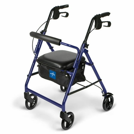 Medline Lightweight Aluminum Rollator, Folding Rolling Walker, 6" Wheels, 250lb Weight Capacity, Blue Frame