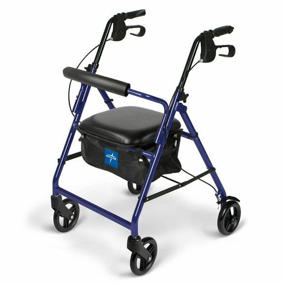 Medline Lightweight Aluminum Rollator, Folding Rolling Walker, 6" Wheels, 250lb Weight Capacity, Blue Frame