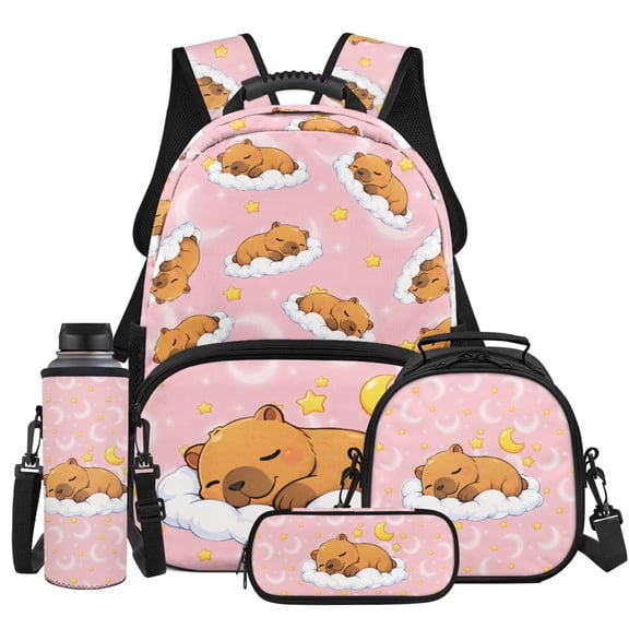 HUIACONG 4PCS Cute Capybara Kids Backpack Set Includes Bookbag, Lunch Box, Pencil Pouch, Water Bottle Sleeve 17 Inch Large Capacity Lightweight Build for Boys Girls Age 6-8
