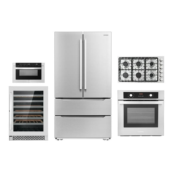 5 Piece Kitchen Package With 36" Gas Cooktop 24" 48 Bottle Single Zone Freestanding Wine Refrigerator 24" Single Electric Wall Oven 24" Built-In Microwave Drawer & French Door Refrigerator