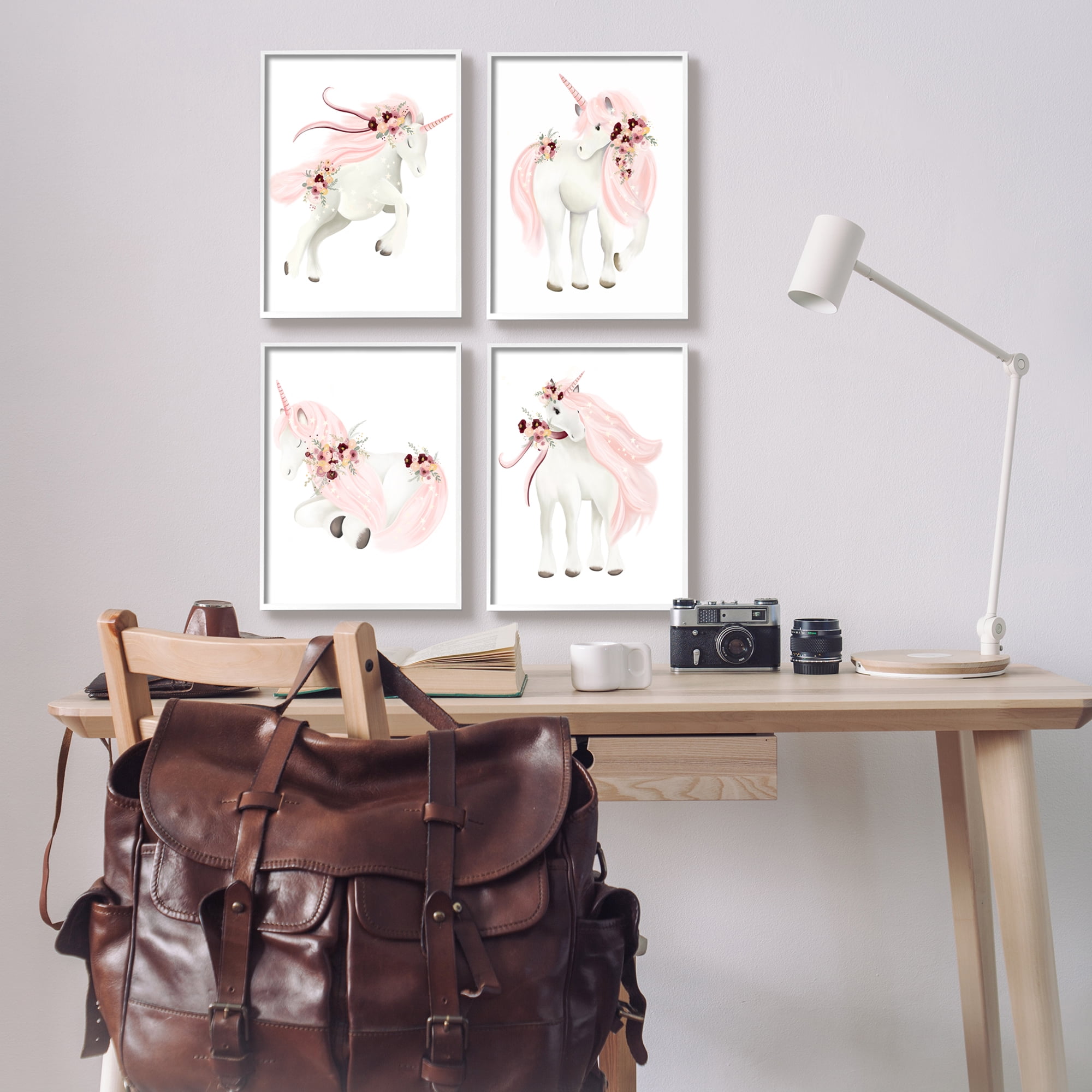 Stupell Industries Pastel Pink Unicorns Fairy Tales & Fantasy Painting White Framed Art Print Wall Art, 11 x 14