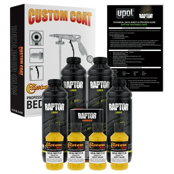 U-POL Raptor Safety Yellow Urethane Spray-On Truck Bed Liner Kit w/ FREE Custom Coat Spray Gun with Regulator, 4 Liters
