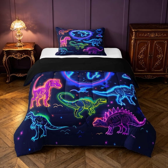 Manfei Neon Dinosaur Wildlife Twin Comforter Sets,Gothic Cloud Stars Bedding Set,Blue Pink,Black Reversible,2pcs,1 Comforter and 1 Pillowcase