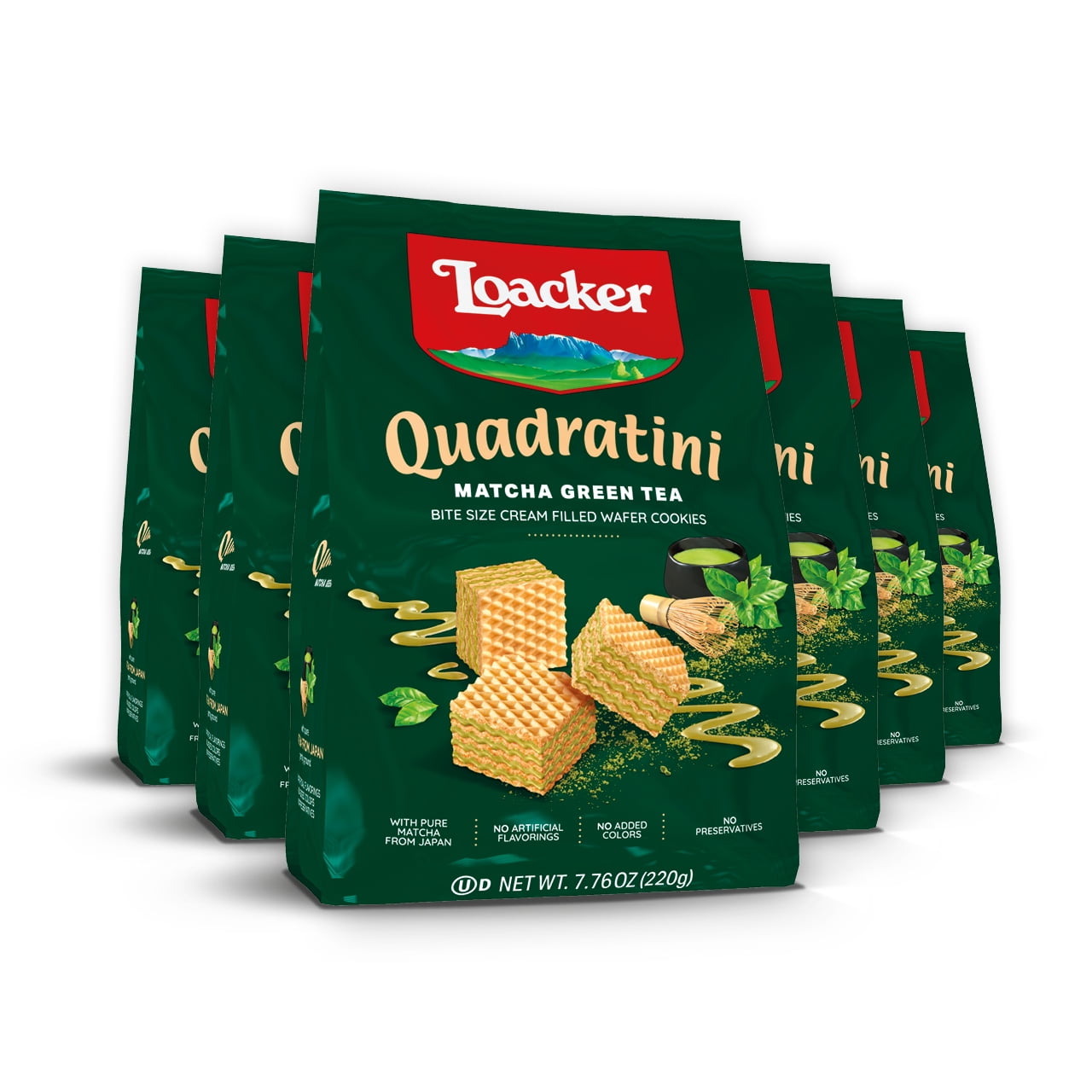 Loacker Quadratini Matcha, CreamFilled BiteSize Wafer Cookies, 7.76 oz, Pack of 6