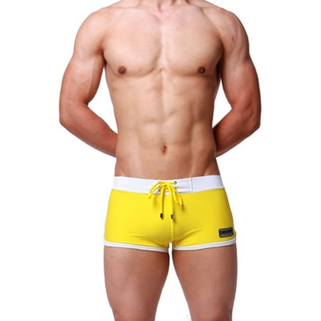 Swim Systems Tie Swimming Trunks Fashion Boxer with Front Tie Men`s Pants Swimwear DESMIIT Pattern Yellow 33-35 inch ()