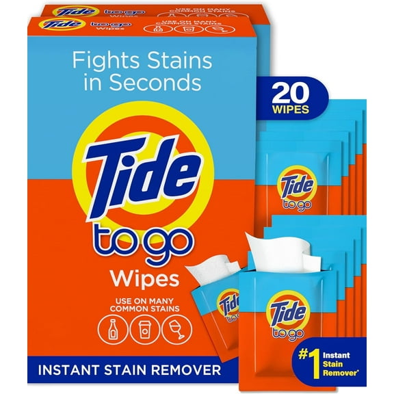 Tide Stain Remover for Clothes, Tide To Go Wipes, Instant Stain Remover for Clothes, Travel & Pocket Size, 20 Count