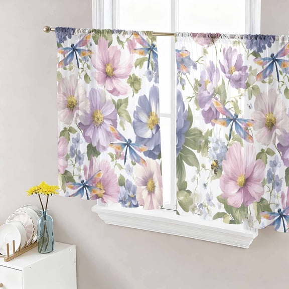 Spring Flowers Sheer Curtains 45 Inch Length 2 Panels Set Window Treatments, Watercolor Floral Dragonflies Vintage Rod Pocket Semi Curtains for Living Room/Bedroom/Kitchen Décor, 104"W x 45"L