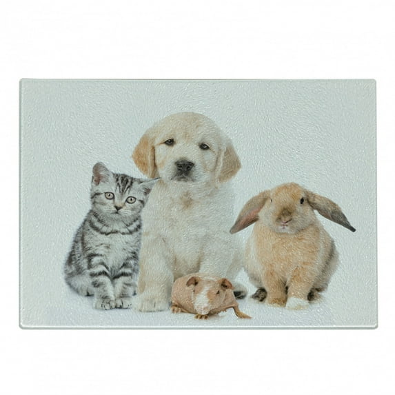 Dog and Cat Cutting Board, Front Scene of a Bunny Piglet Cat and a Dog Staring, Decorative Tempered Glass Cutting and Serving Board, in 3 Sizes, by Ambesonne