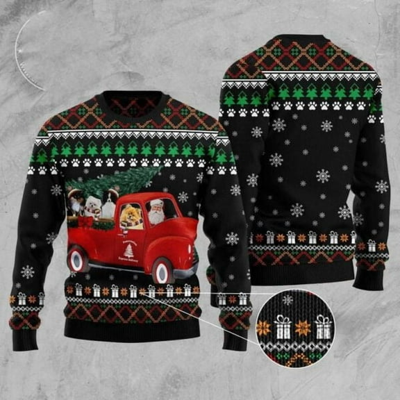 Pomeranian And Red Truck 3D Christmas Sweater, Christmas Sweater, 3D Sweater, Funny Xmas Sweaters
