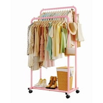 Sakugi Clothes Rack, Double-Rod Garment Rack with Hooks & Mesh Shlef, Versatile Clothing Racks for Hanging Clothes, Hats, Bags, Portable Hanger for Bedroom, Laundry, 32.7"×16"×59.1", Pink