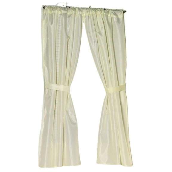 100% Polyester fabric window curtain with two panels and two tie backs in Ivory, size 54" wide x 34" long