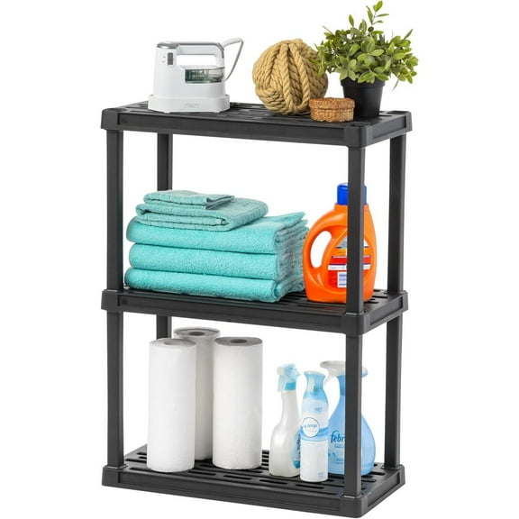 3-Shelf Heavy Duty Plastic Storage Shelves, 120lb Capacity, 33"H x 24"W x 12"D, Medium Modular Shelving Unit Storage Organizer for Garage, Home, Bathroom & Laundry, Storage Rack - Black