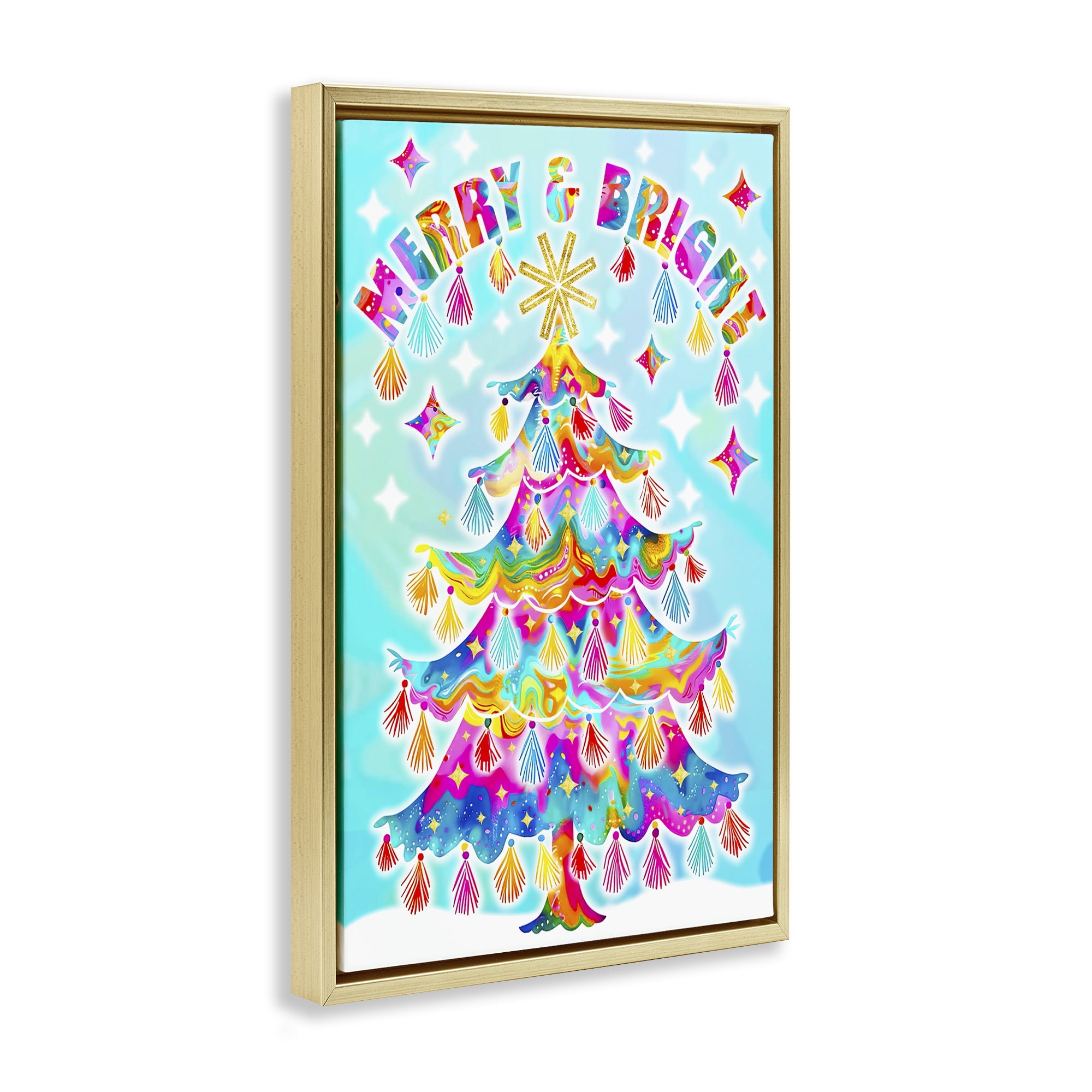 Stupell Industries Eclectic Merry & Bright Holiday Painting Gold Floater Framed Canvas Art Prints Wall Art, 17 x 25
