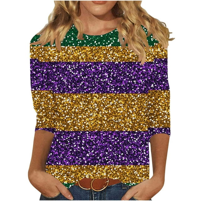 T-Shirts pour Femmes, Haut Ample à Col Rond à Manches 3/4 avec Imprimé Carnaval Décontracté, T-Shirt pour Femmes