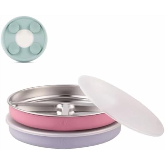 Stainless Steel Divided Plates with Silicone Sleeve for Babies & Toddlers | Lids Included | Stay Put Suction | Dinner & Snack Plates | 2 Pack
