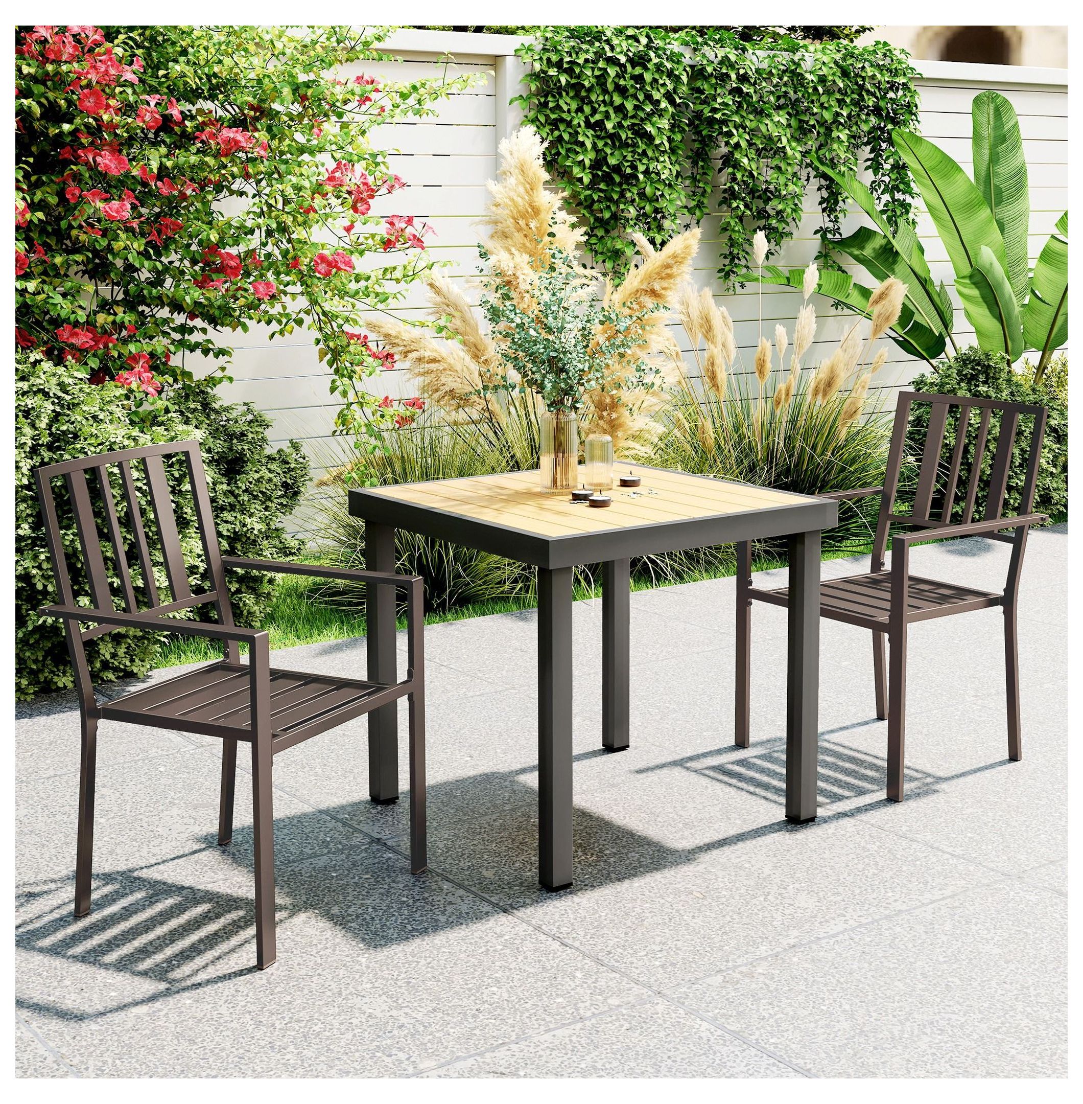 Metal Patio Dining Chairs Set of 2, Dark Brown Slatted Outdoor Chairs