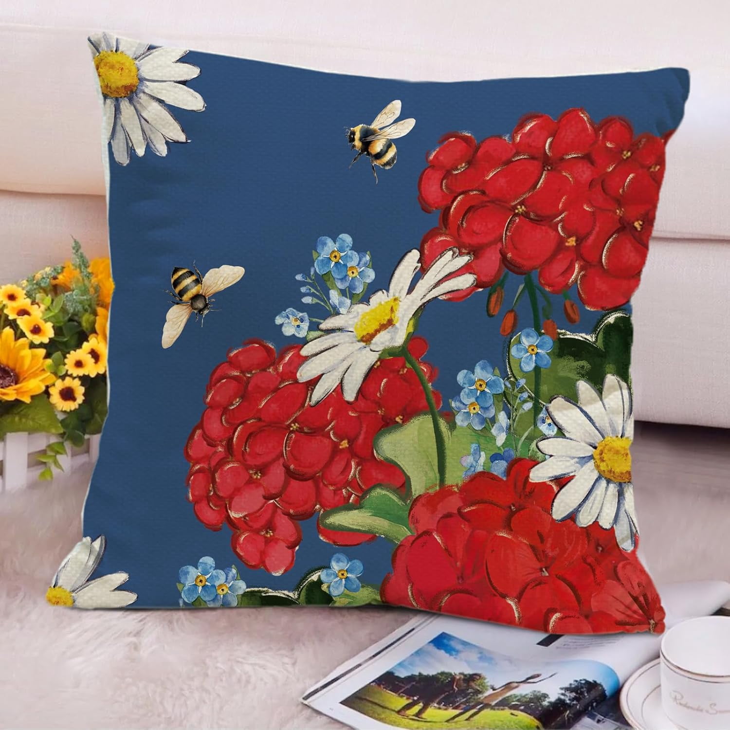 Spring Summer Red Geranium Pillow Covers White Daisy Floral 18 x 18 Inch Throw Pillows, Farmhouse Bee Seasonal Outdoor Indoor Decorative for Cushion Case Sofa Couch Set of 4