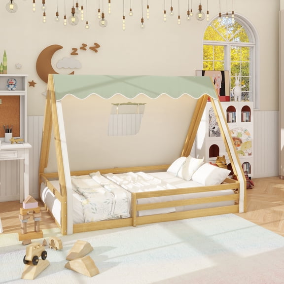 Full Size House Floor Bed with Tent and Light, Solid Wood Teepee Floor Bed with Full-length Guardrails, Montessori and Childlike Design,Natural Green