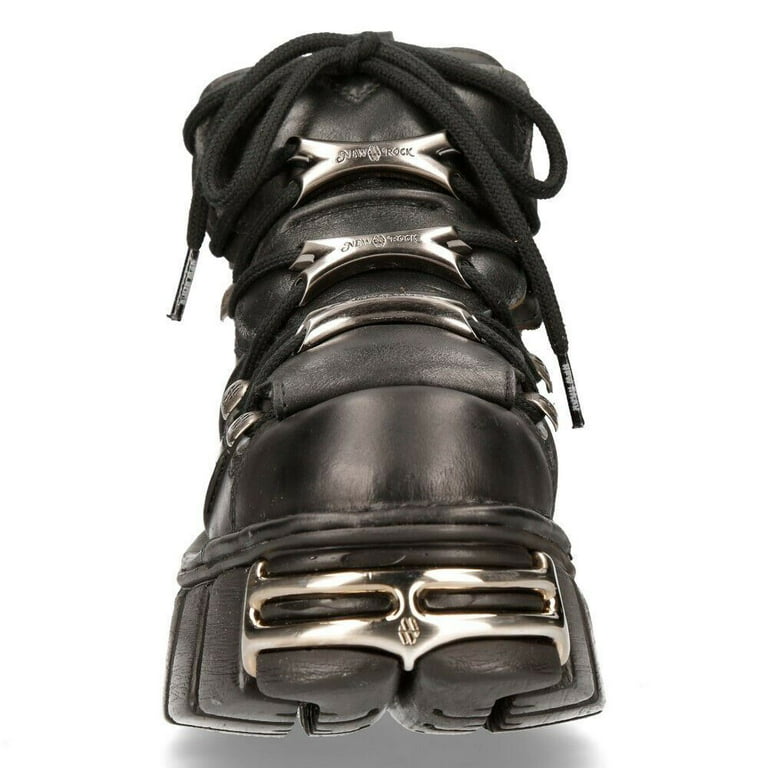 New Rock Unisex Metallic Black Gothic Leather Biker Boots, Classic
