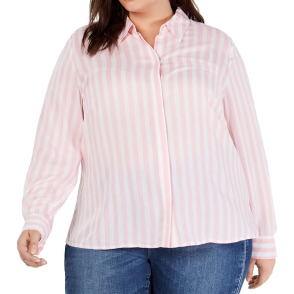 I.N.C Womens Soft Stripe Button Up Shirt, Pink, Plus Size, 2X