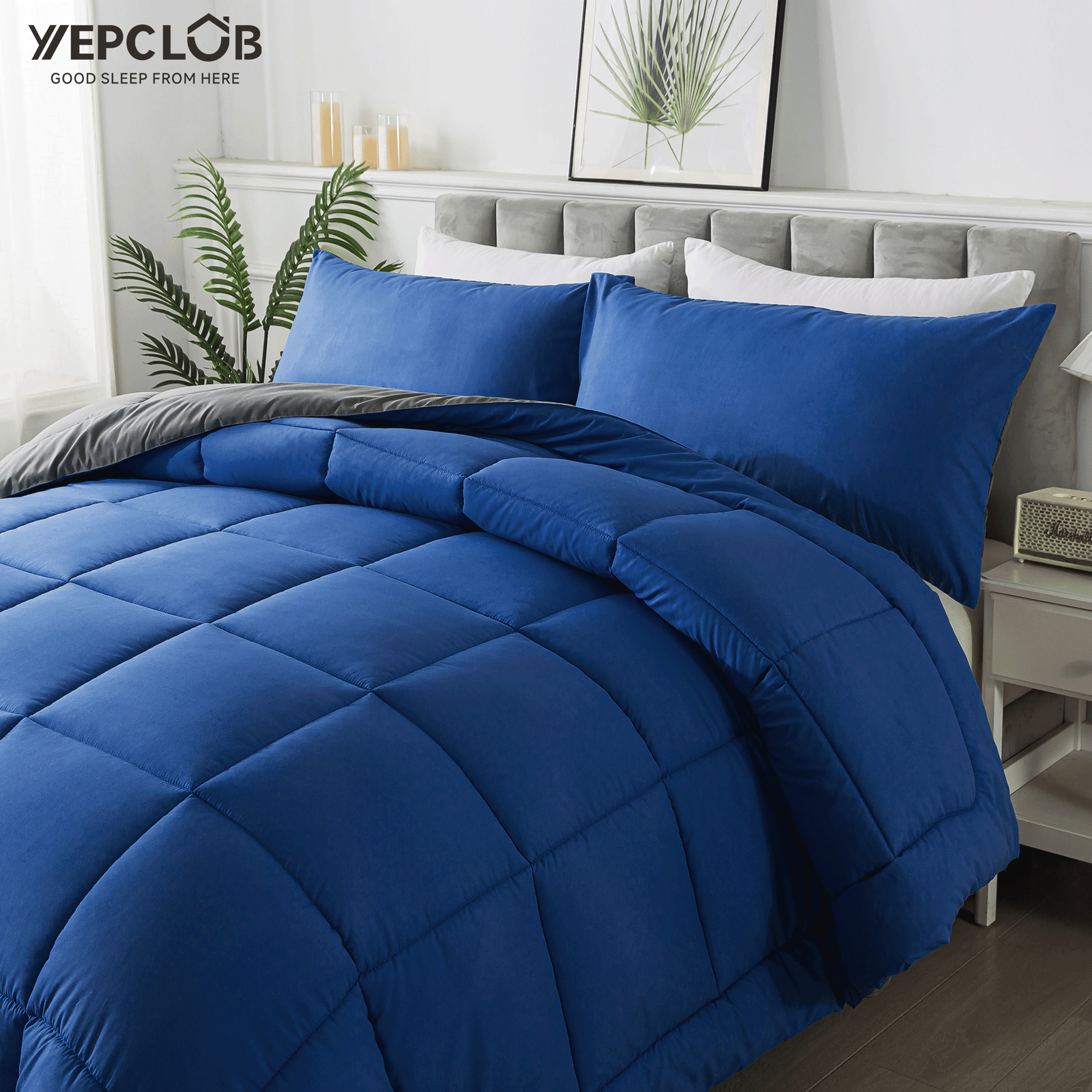 YEPCLUB 3-Piece King Size Comforter Set, Blue and Gray Down Alternative Reversible Bedding Set, All-Season Quilted Soft Comforter with Pillowcases