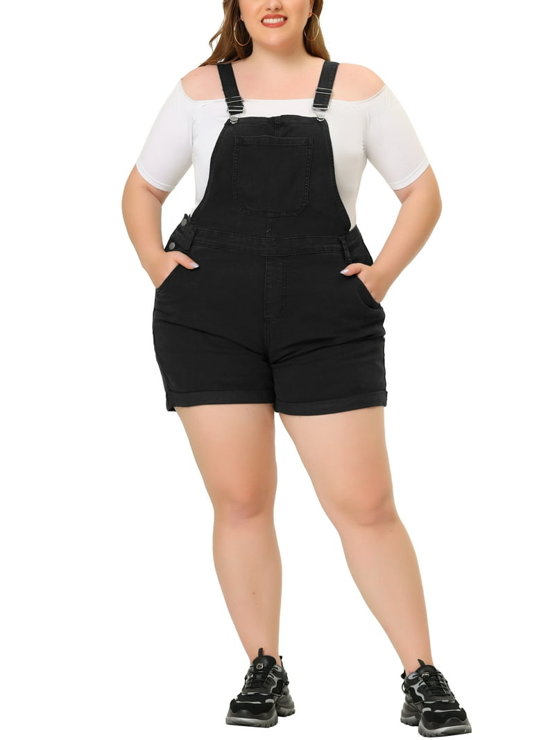 Agnes Orinda Plus Size Overall Shorts, Black Denim Jumpsuit