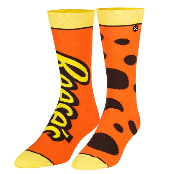 ODD SOX – Reese's Pieces Candy Logo Novelty Crew Socks – Size Large – Men’s 8–12 / Women’s 9.5–13.5