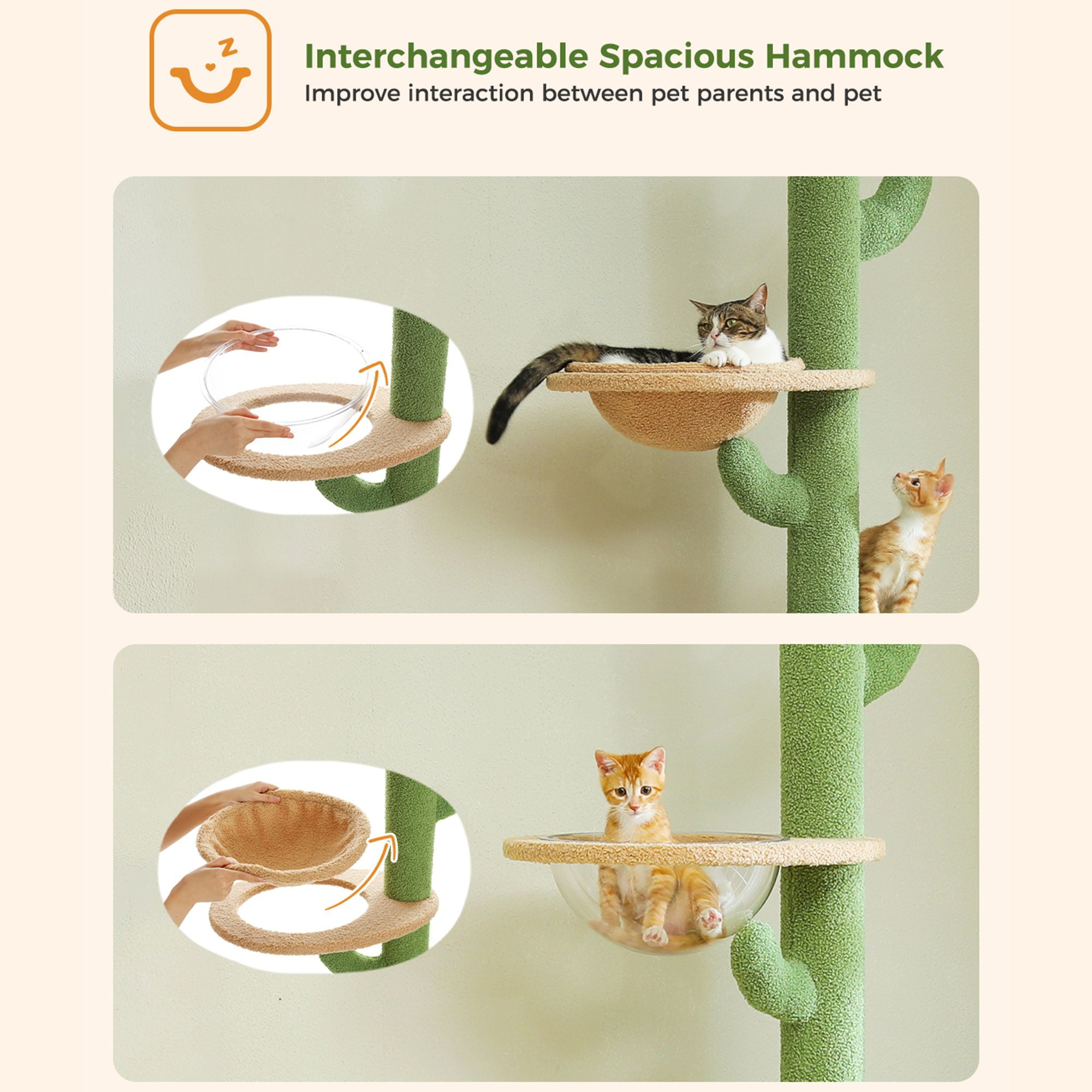 Kadyn (87"-100") Height Adjustable Floor to Ceiling Cat Tree, 5 Levels Cactus Cat Tower with Cat Perch and Hammock, Cat Climbing Activity Center, Green