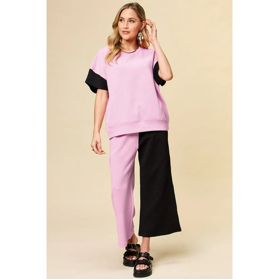 Double Take Full Size Texture Contrast T-Shirt and Wide Leg Pants Set