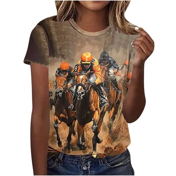 Tops de Ajuste Suelto para las Mujeres Nueva Manga Corta Cuello Redondo Suéter Caballo Casual Impreso Camiseta, Ligero Top de Verano
