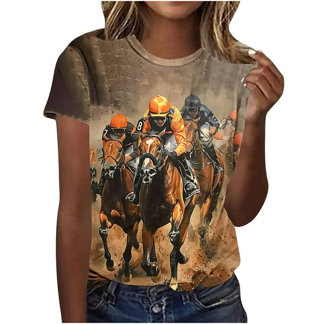 Tops de Ajuste Suelto para las Mujeres Nueva Manga Corta Cuello Redondo Suéter Caballo Casual Impreso Camiseta, Ligero Top de Verano