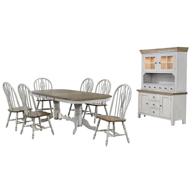 Sunset Trading Country Grove 8 Piece 96 Oval Double Pedestal Extendable Dining Table Set Lighted China Cabinet Distressed Gray And Brown Wood Seats 10 Com Double Pedestal Extendable Dining Table, Extendable Dining Table Hutch