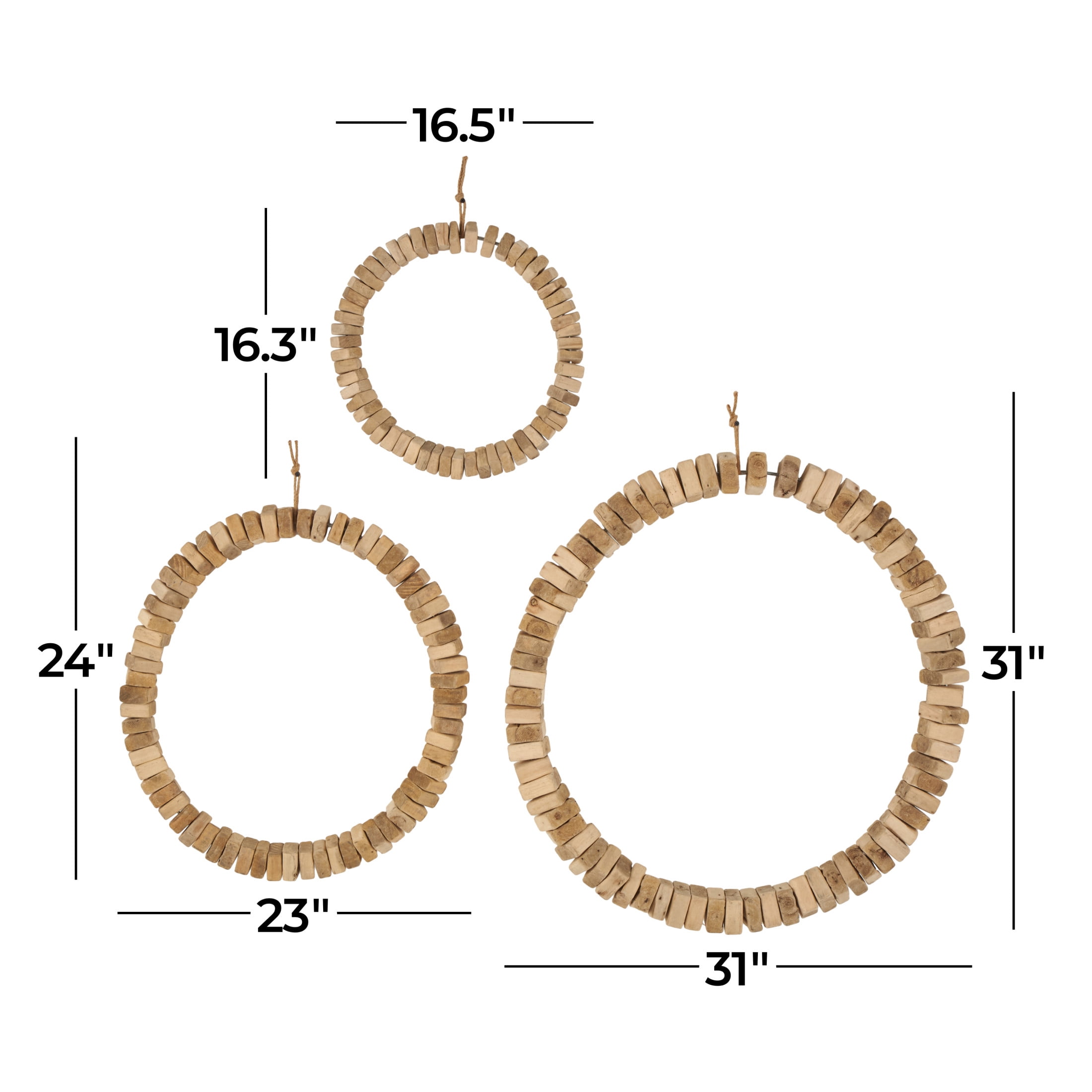DecMode Brown Wood Beaded Abstract Wall Decor with Hanging Rope (3 Count)