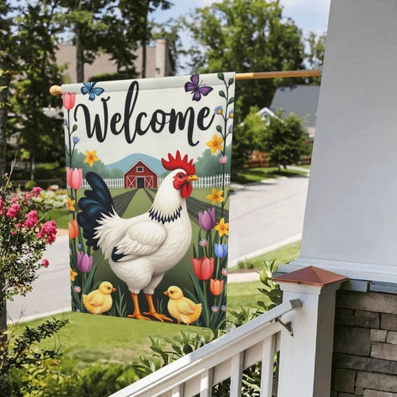 Welcome Garden Flag White Chicken And Chicks In Field Autumn Colorful Flower Yard Flag Outdoor Decor Double Sided 12X18 Inches