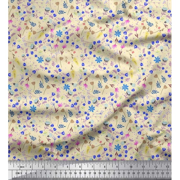 Soimoi White Cotton Jersey Fabric Leaves,Insect & Floral Artistic Print Fabric by The Yard 58 Inch Wide