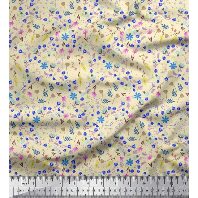 Soimoi Toile de Popeline de Coton Blanc Feuilles, Insectes & Floral Artistique Tissu Imprimé 1 Yard 56 Inch Wide