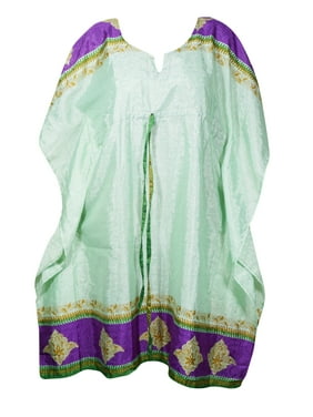 Mogul Women Green Mid Calf Kaftan Dress Beach Coverup Printed Resortwear Loose Holiday Recycle Sari Caftan Dresses 2XL
